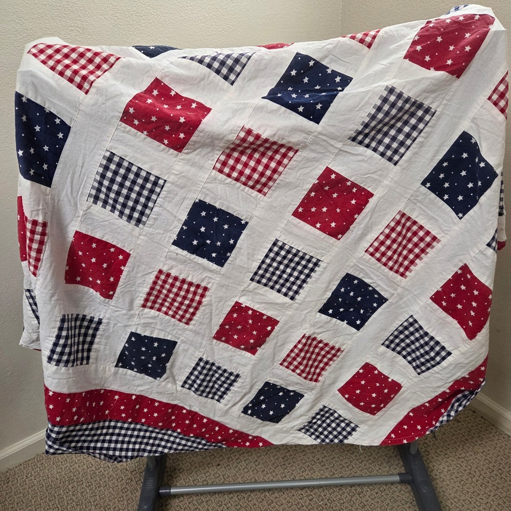 Patriotic Americana Patchwork Round Tablecloth 68" Red White Blue Stars Gingham